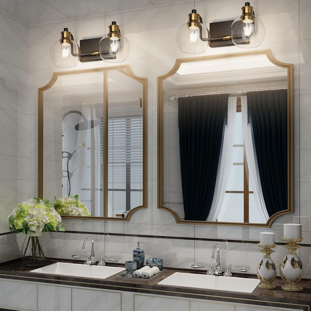 2 Lights Vintage Bathroom Vanity Light Fixtures Over Mirror Black & Gold Industrial Vanity Lights with Globe Clear