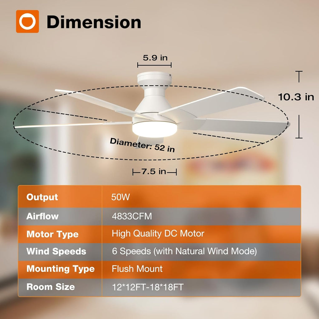 Ceiling Fans with Lights, 52 inch Low Profile Ceiling Fan with Light and Remote Control, Flush Mount, Reversible, 3CCT, Dimmable, Noiseless, White Ceiling Fan for Bedroom, Indoor/Outdoor Use
