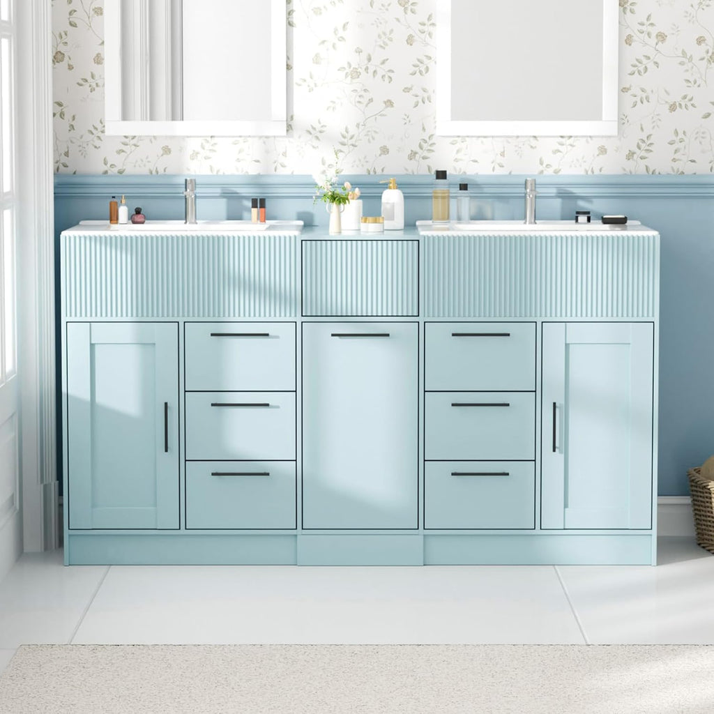 60 Inch Bathroom Vanity with Double-Sink, Freestanding Modern Bathroom Vanity Cabinet with Ceramic Basin