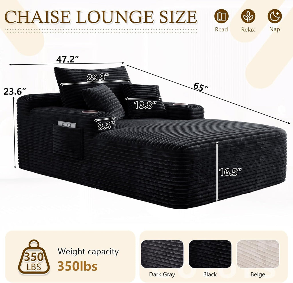 65" Oversized Chaise Lounge Chair Indoor, Boneless Chaise Lounge Chair with Cup Holders Side Pockets 3 Pillows, Cloud