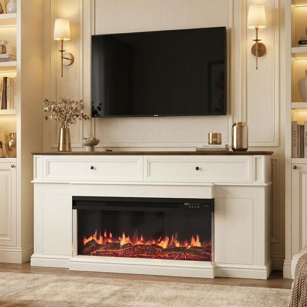 63 inch Fireplace TV Stand for TVs up to 70" with 3-Sided Electric Fireplace with Mantel, Modern Media Entertainment