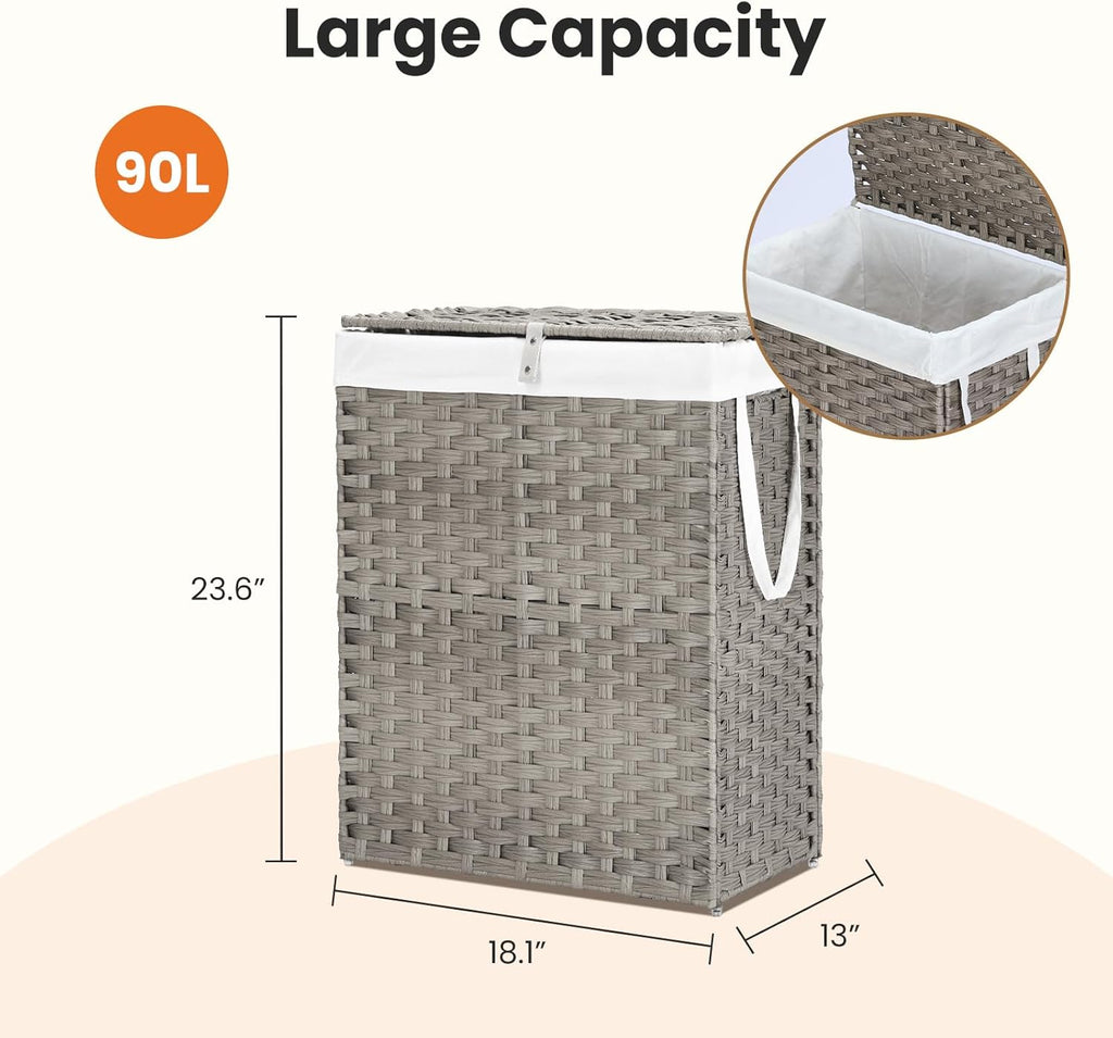 Woven Laundry Basket with Lid, 90L Large Capacity Hamper, Removable & Machine-Washable Liner, Foldable Rattan Clothes