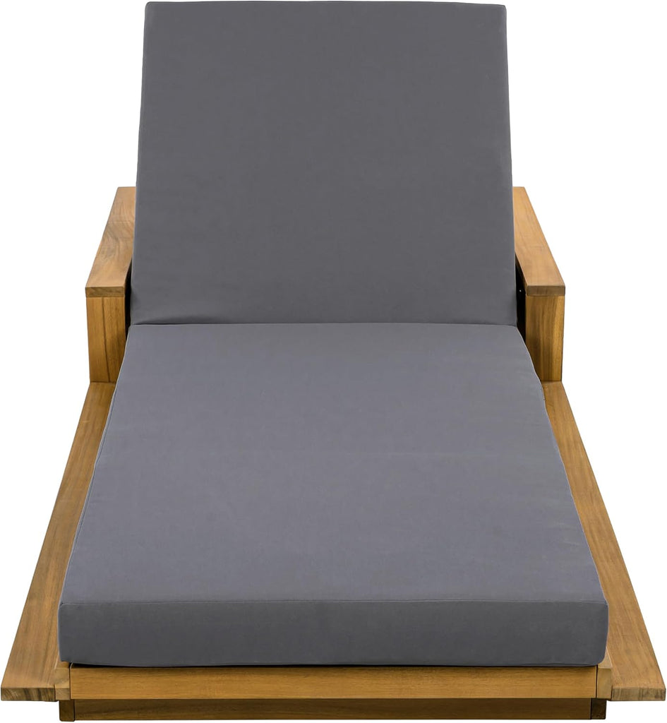 Acacia Wood Chaise Lounge Chair Outdoor with 2-Fold Cushion, Adjustable Backrest Sun Lounger Recliner, Wooden