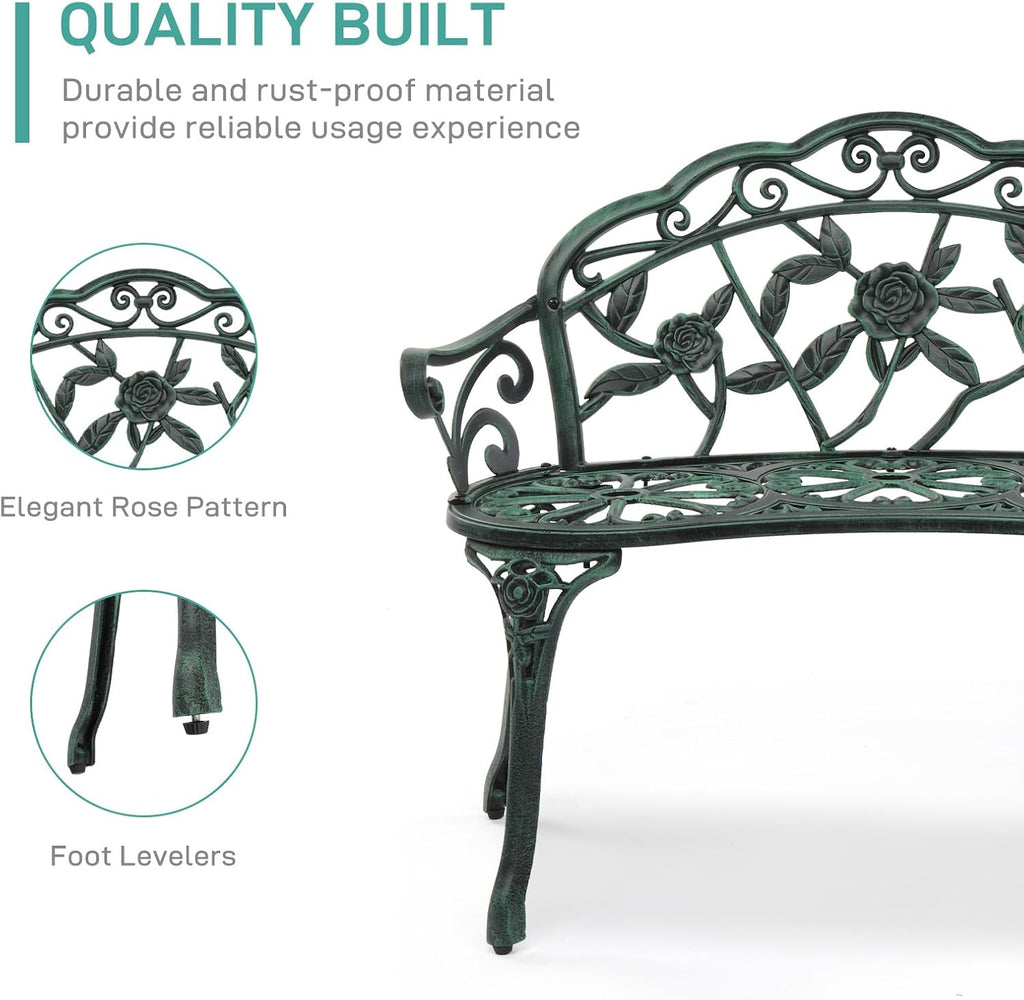 38.5" Patio Park Garden Outdoor Metal Rose Bench, 2-Person Cast Iron Cast Aluminium Frame Antique Finish