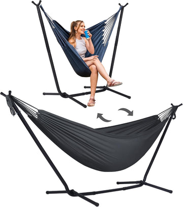 2-in-1 Hammocks Outdoor Hammock and Stand, Patented, Dark Grey | Convertible Portable Double Hammock with Stand