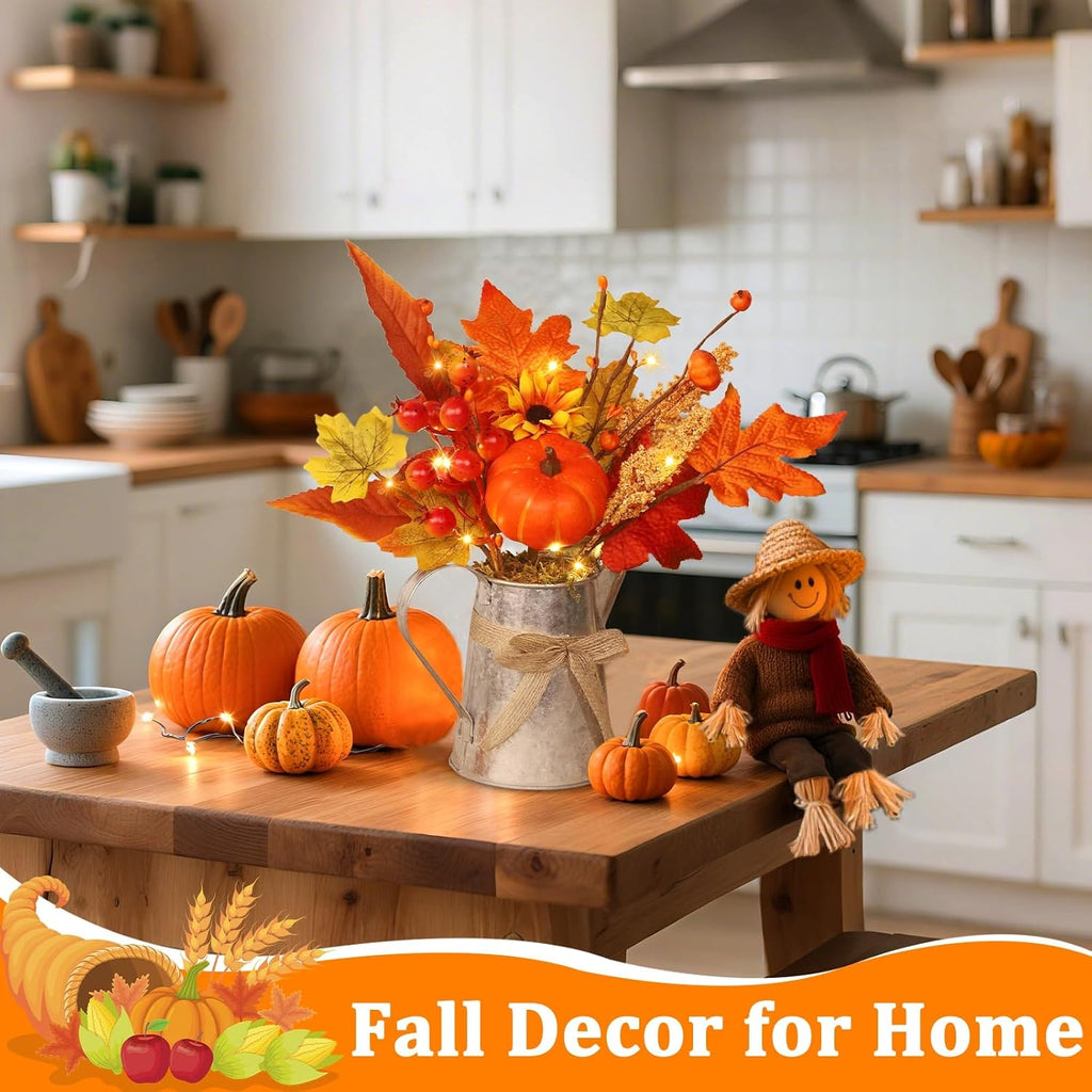 [Light & Timer] Fall Decor Table Centerpiece Rustic Metal Milk Jug with Artificial Orange Maple Tree Pumpkin