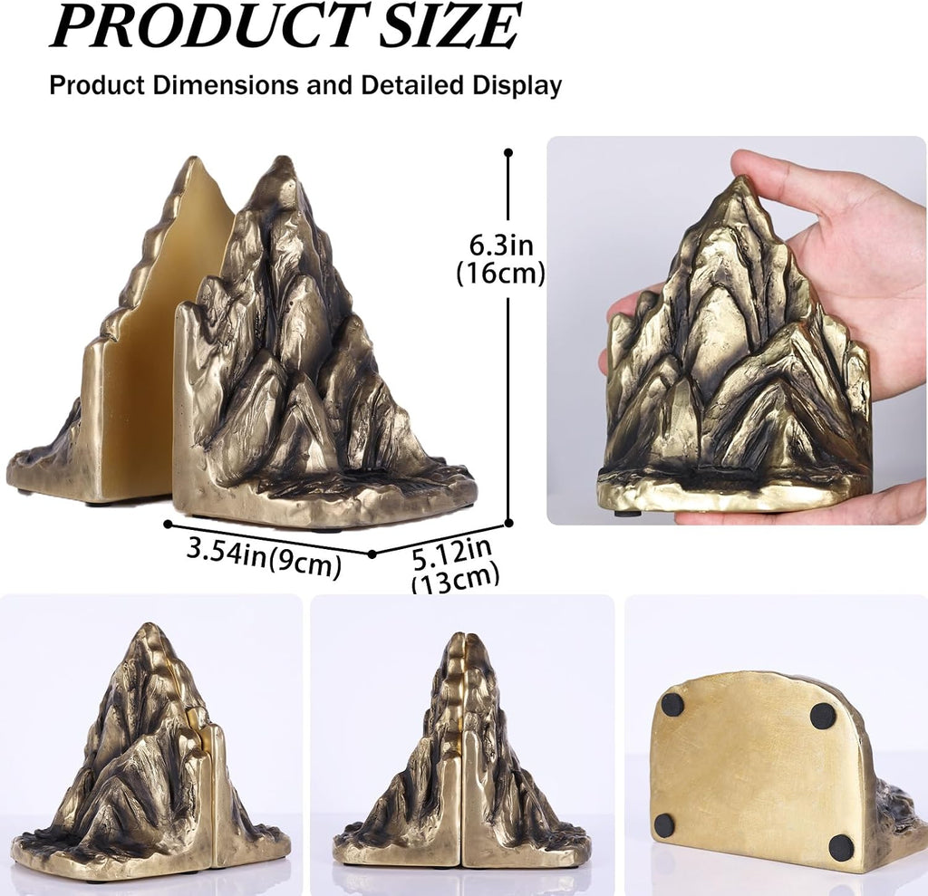 Mountain Bookends Set of 2, Resin Rock Bookends with Painted Finish, Decorative Mountain Shelf Decor for Bookshelf