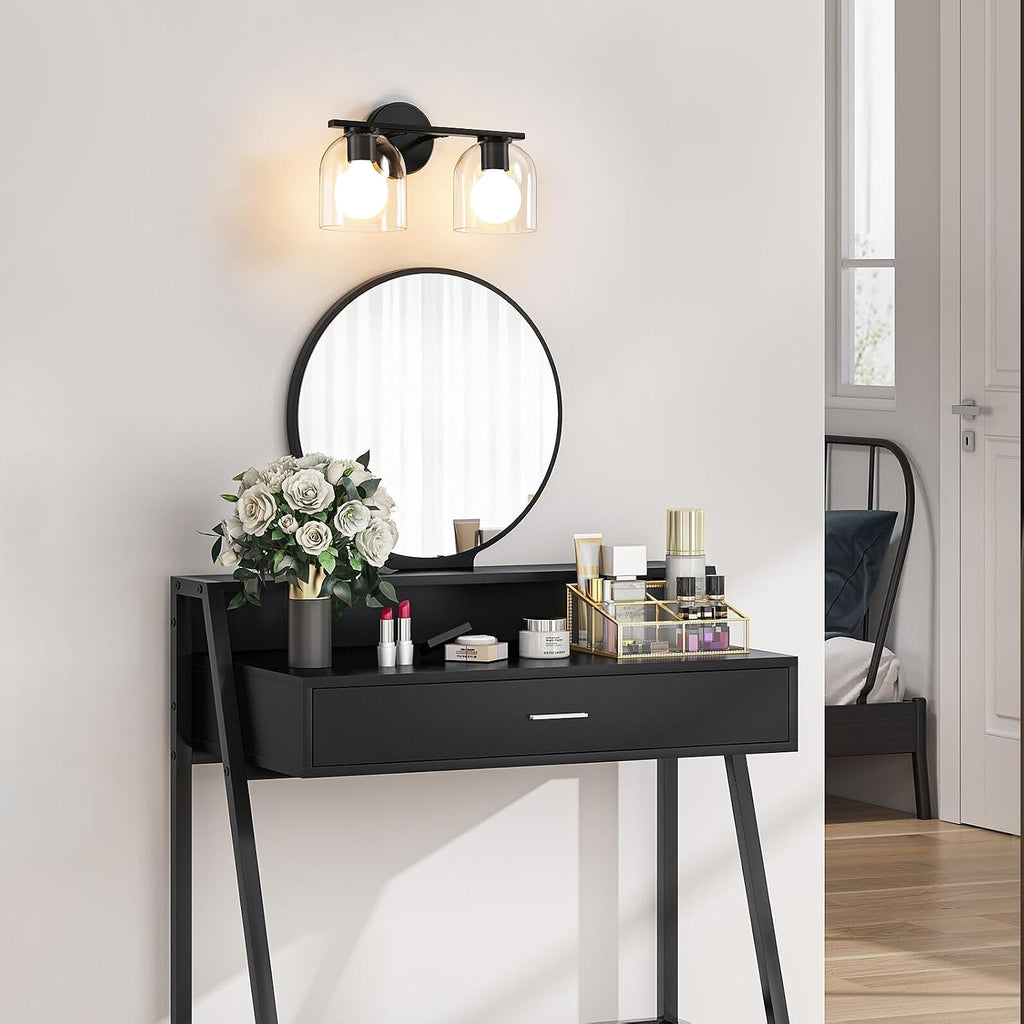 Bathroom Vanity Light Fixtures: 14.2 Inch Modern Black Vanity Lighting Fixtures Over Mirror with Clear Glass Shade