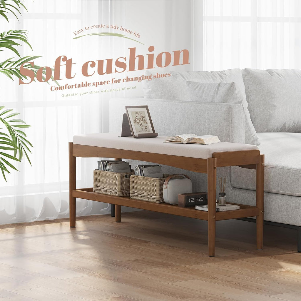 Shoe Bench Entryway Bamboo 2-Tier Shoe Rack with Cushion Padded Seat Shoe Bench Organizer Stable for Entry, Hallway