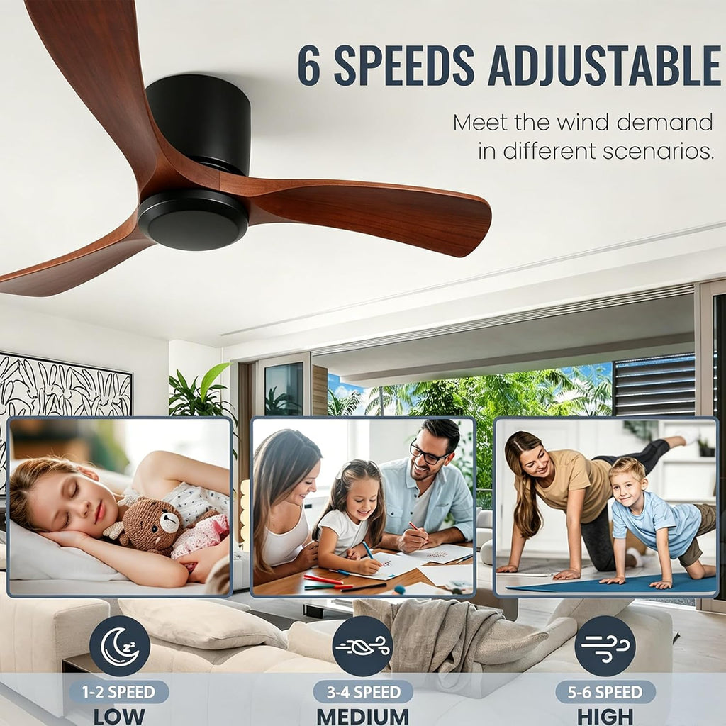 42 Inch Wood Ceiling Fan Without Light - Flush Mount, Remote Control, 3 Blade 6-Speed Reversible DC Motor, Noiseless Timer