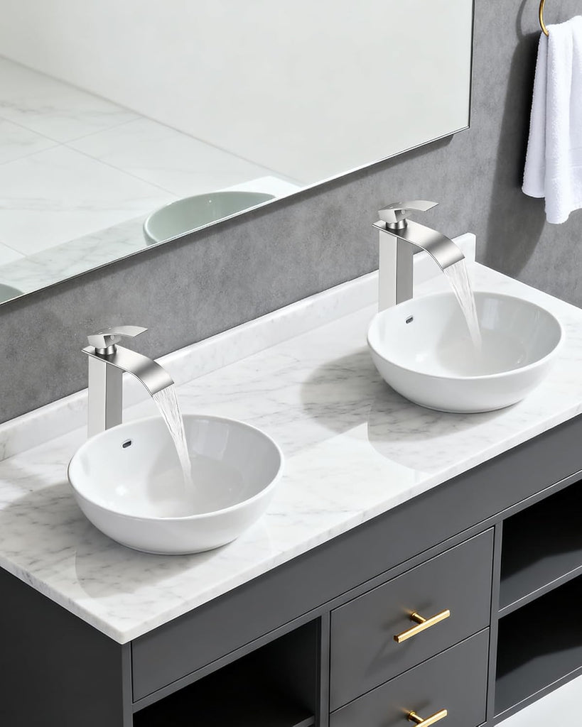 Brushed Nickel Vessel Sink Faucet, Tall Waterfall Bathroom Faucet