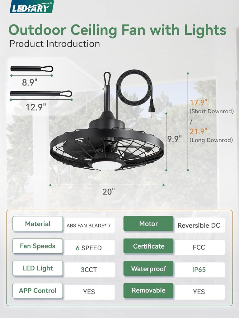 20" Outdoor Ceiling Fan with Lights,IP65 Waterproof Gazebo Hanging Fan with Remote Control Smart App