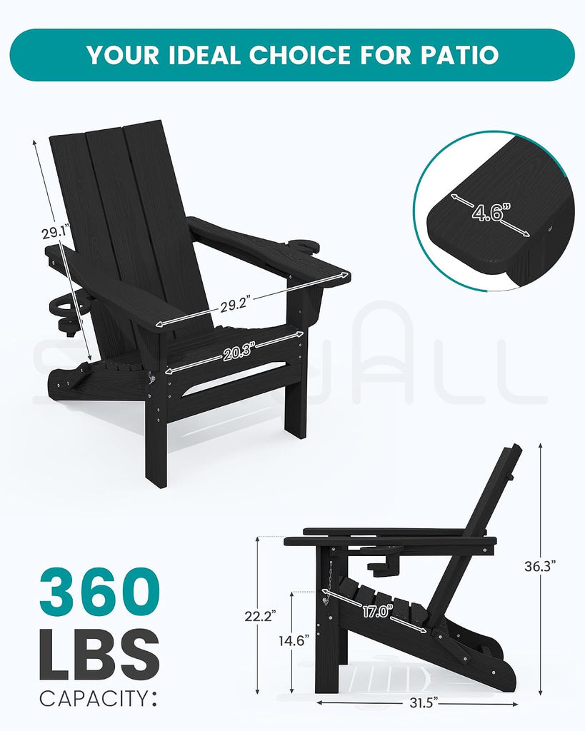 Modern Folding Adirondack Chairs Set of 2, HDPE, Cup Holders, Black | Outdoor All-Weather Lawn Adirondack Chairs Wood