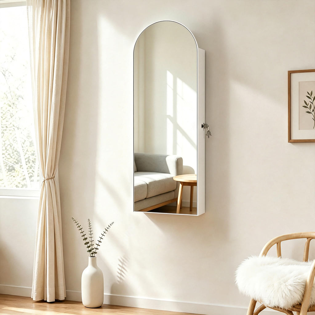 Arched Mirror Jewelry Cabinet, Over the Door or Wall Mounted, White