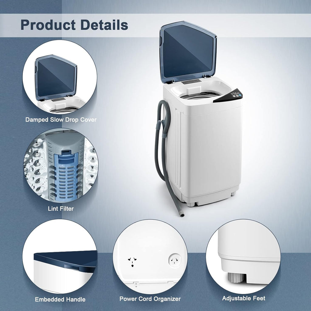 Portable Washing Machine, 7.7lbs Capacity Compact Laundry Washer and Spin Combo with 6 Programs, Built-in Barrel Light