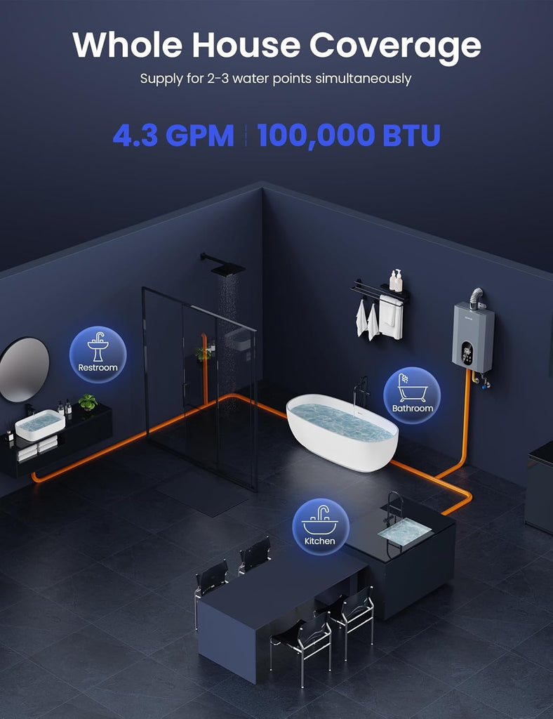 Tankless Water Heater Natural Gas, Indoor Max 4.3 GPM, 100, 000 BTU, Instant Hot Water Heater for Home, Apartment
