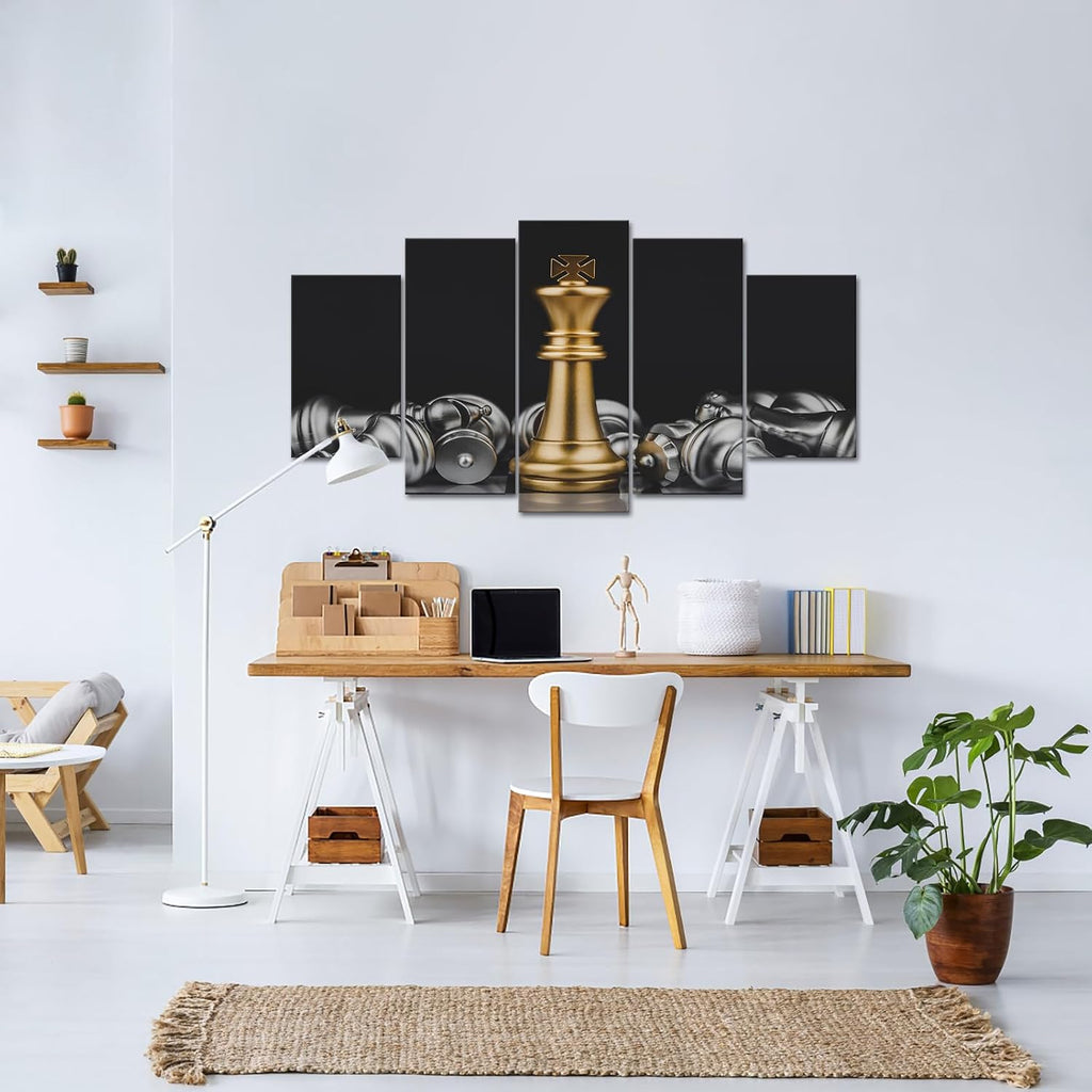 5 Panel Chess Canvas Wall Art Prints King and Knight Game Picture Painting Black and Gold Artwork Decoration Ready to