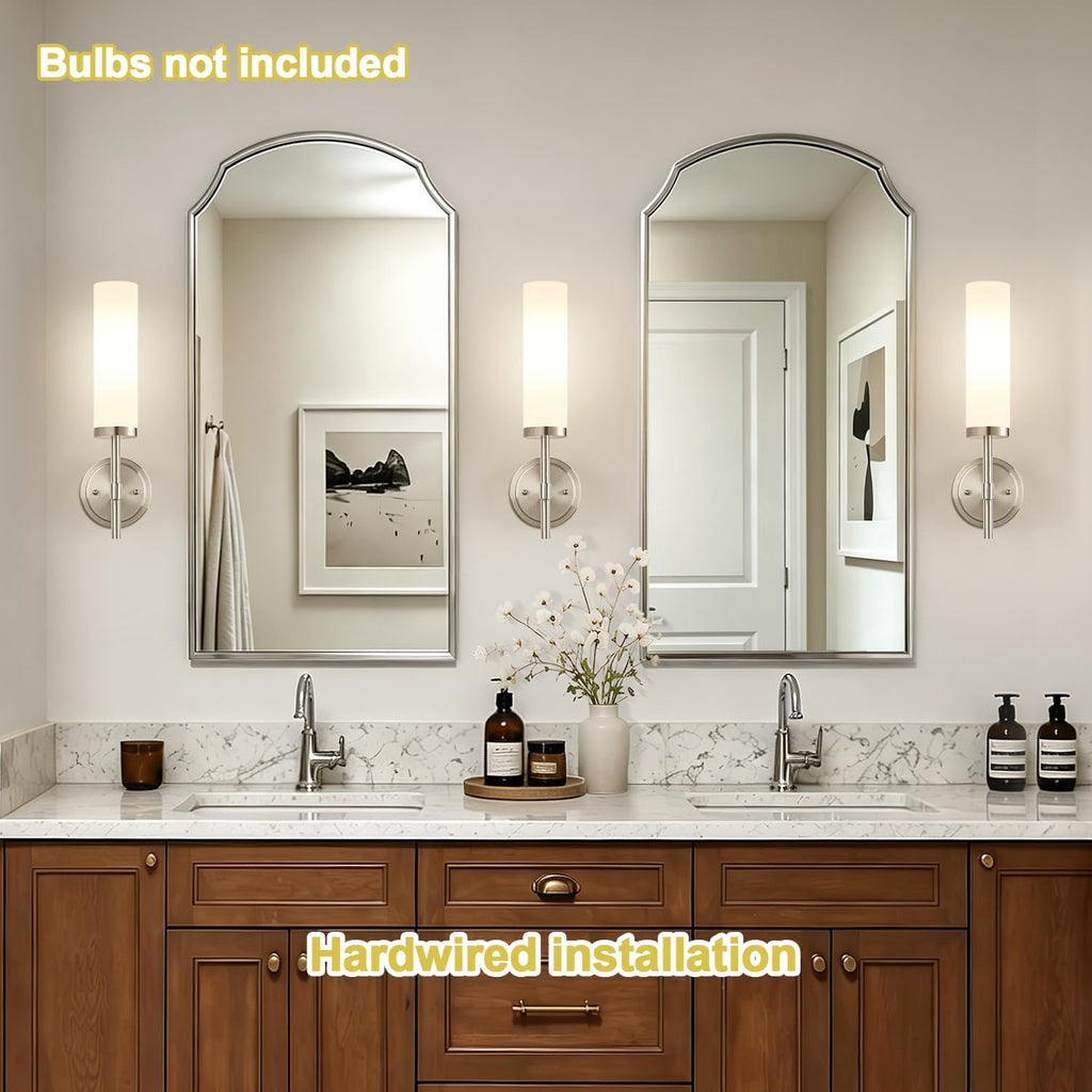 [Hardwired] Wall Sconces Set of Two, Brushed Nickel Bathroom Sconces with Milky White Glass, Modern Wall Light