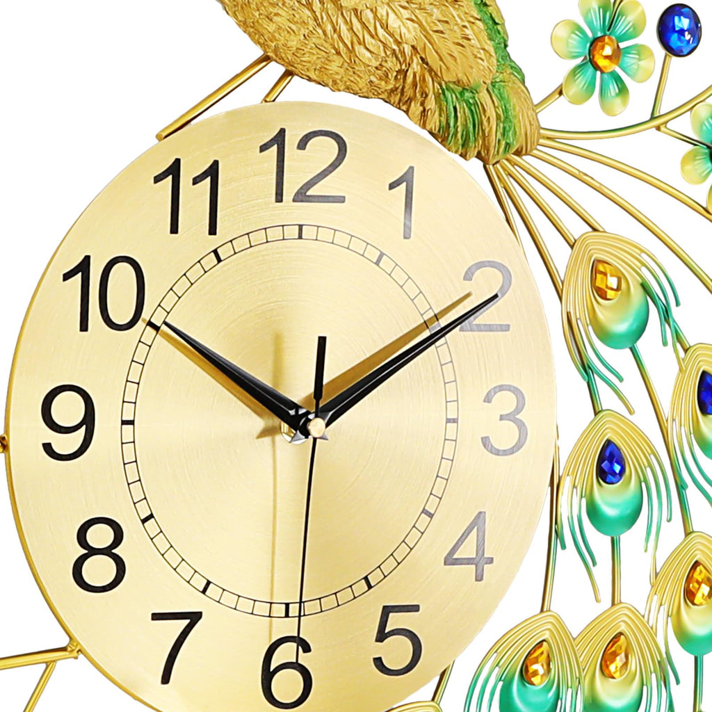 29.5" Large Peacock Wall Clock Crystal Decor, 3D Creative Luxury Wall Clock Silent Non-Ticking Battery Operated