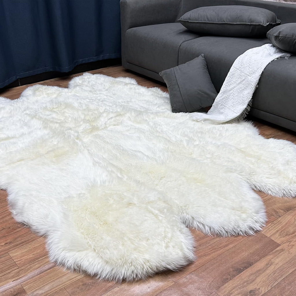 Genuine Australian Merino Sheepskin Rug, 5x7 ft Sheep Skin Rug, Lambskin Area Rug, 6-Pelt, White