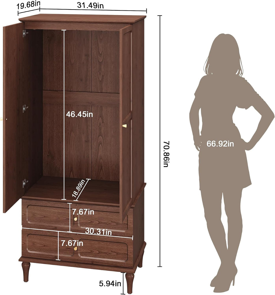 71" Mid-Century Modern Armoire Wardrobe Closet with Doors and Drawers,Wooden Armoire Storage Cabinet with Hanging Rod