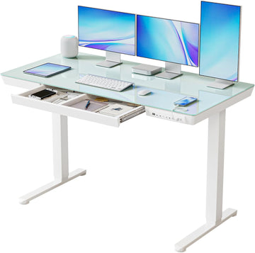 Electric Standing Desk with Drawers, 55 inch Whole-Piece Glass Desktop, Height Adjustable Stand up Sit Stand Home