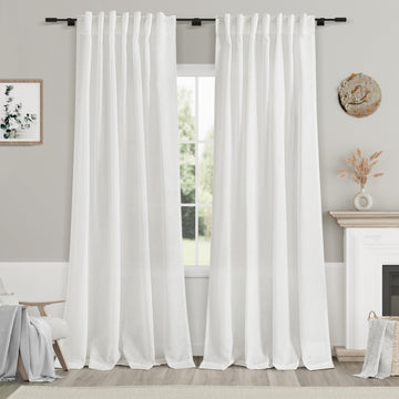 White Linen Curtains 98 Inches Long 2 Panels Set Back Tab Rod Pocket Semi Sheer Light Filtering Long Curtains Faux