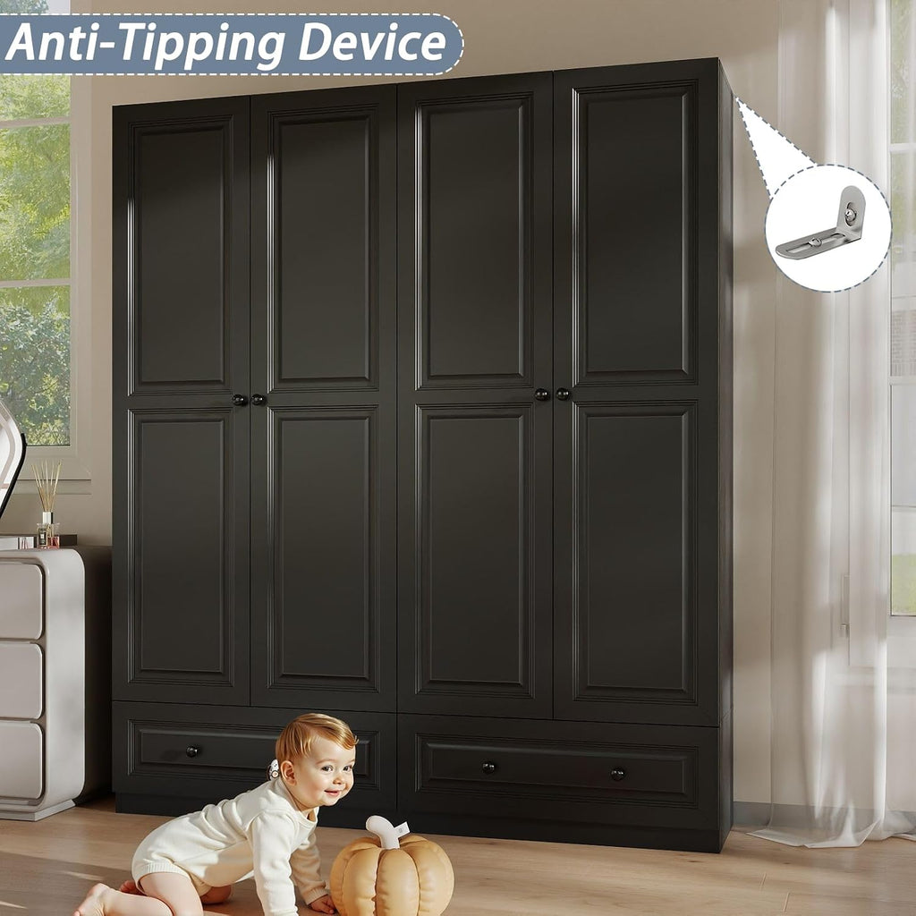 Armoire Wardrobe Closet with Drawers: 74" Black Tall Wardrobe Cabinet with Hanging Rod, Wooden Closet with 4 Doors