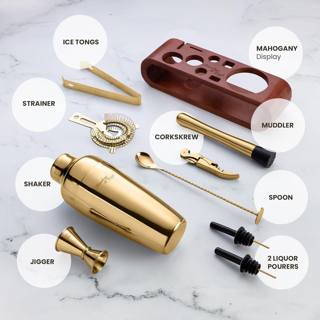 Cocktail Shaker Set with Dark Bamboo Stand - Professional 10-Piece Bartender Kit - Complete Bar Set & Cocktail Mixer