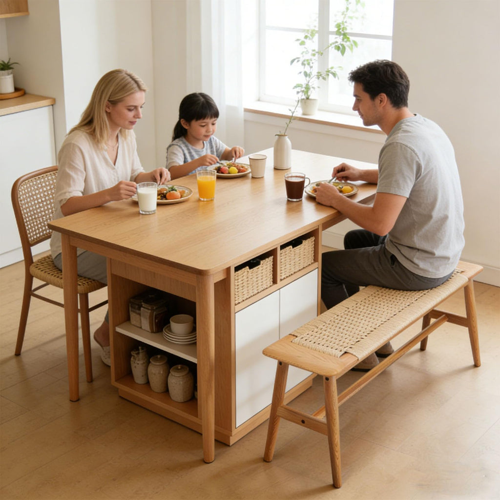 47 Inch Dining Bench, Solid Oak with Rattan Seat