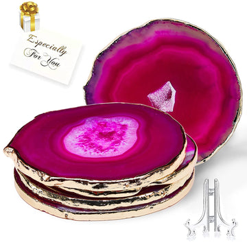 Agate Coaster Dyed Pink 4-3.5" Geode Coasters for Drinks Gemstone Natural Stone Agate Slices Coaster Cup Mat for