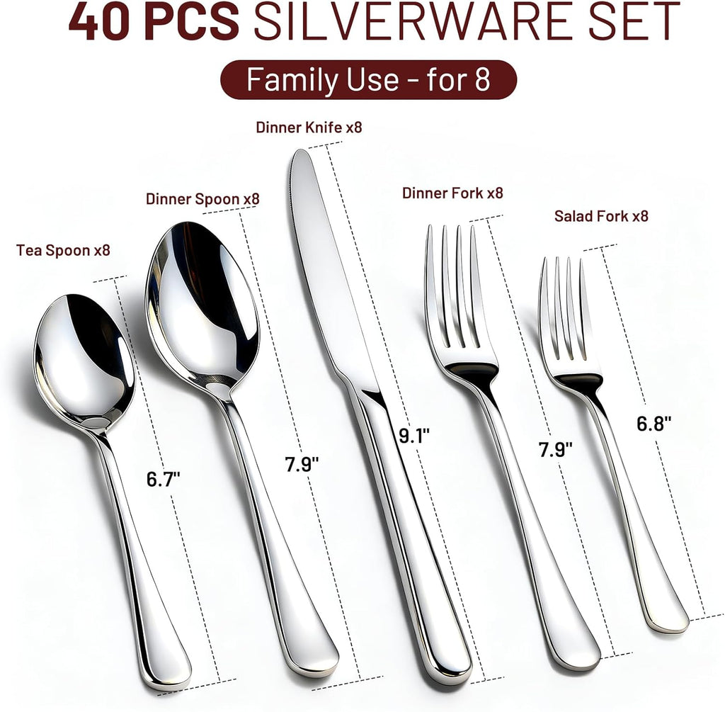 40 Pack Silverware Set for 8, Food-Grade Stainless Steel Flatware Set