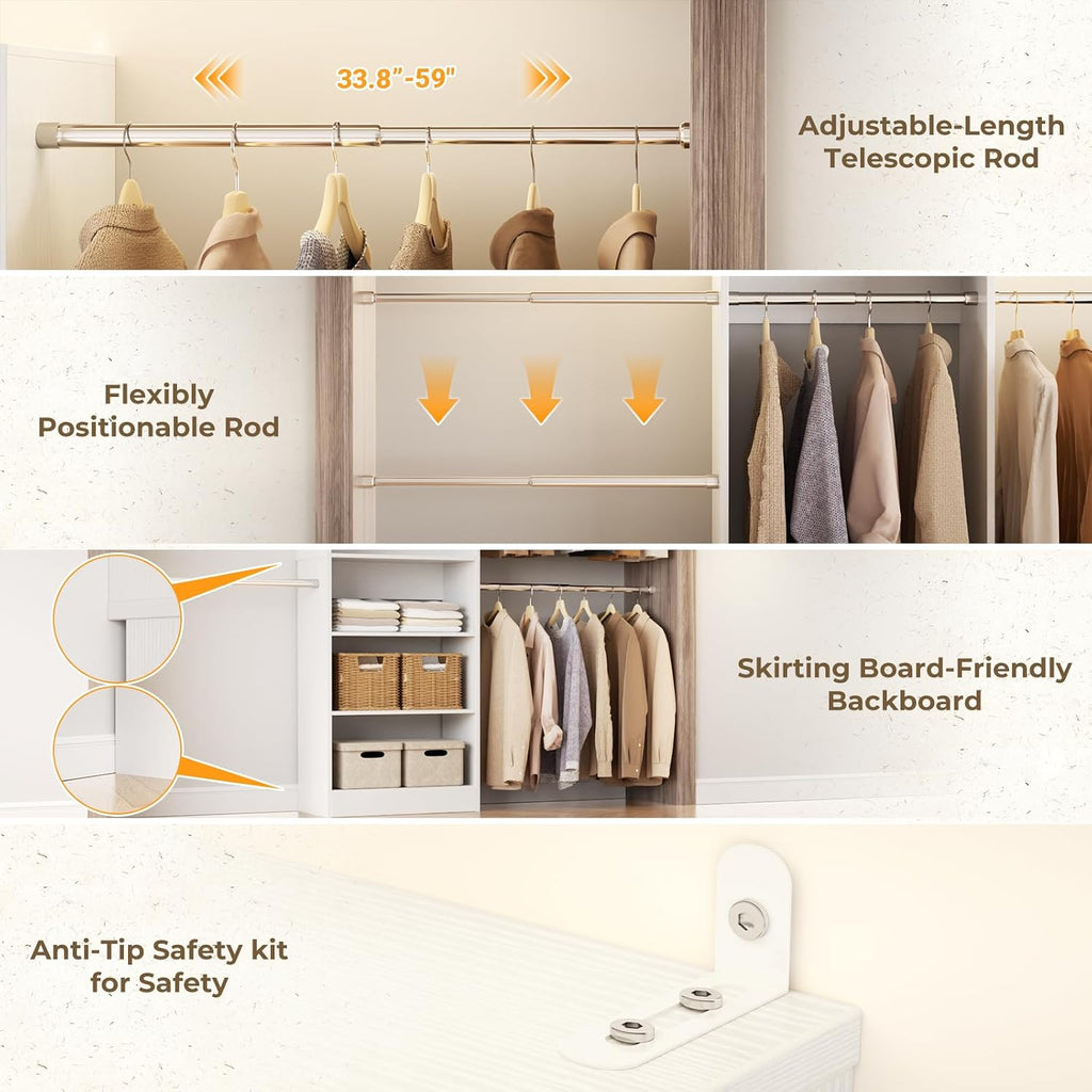 Closet System, 4.5-11.5 Ft Expandable Closet Organizer, White | 5 Hanging Rods, Walk-in Wood Closet Organizer System