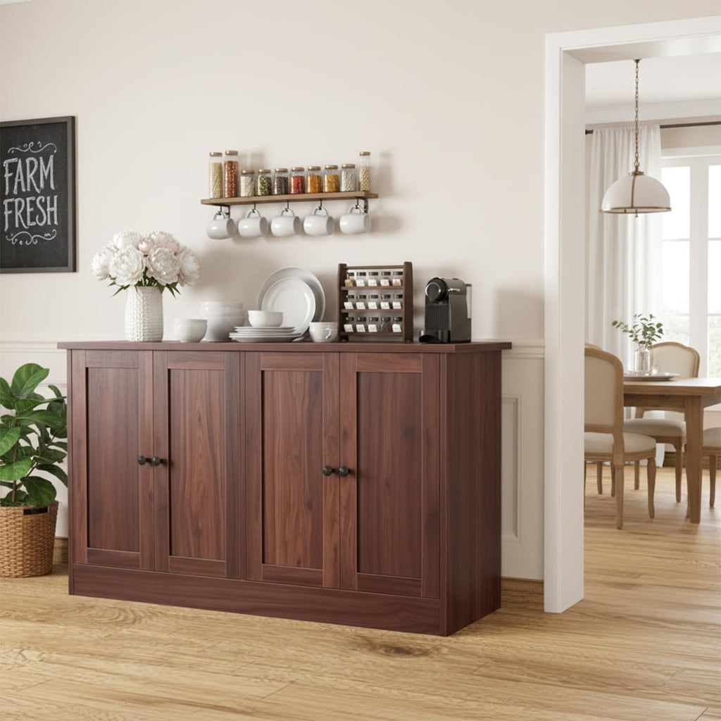 Rustic Brown Buffet Cabinet with Storage, 49" Farmhouse Kitchen Sideboard with 4 Doors, Industrial Coffee Bar Cabinet