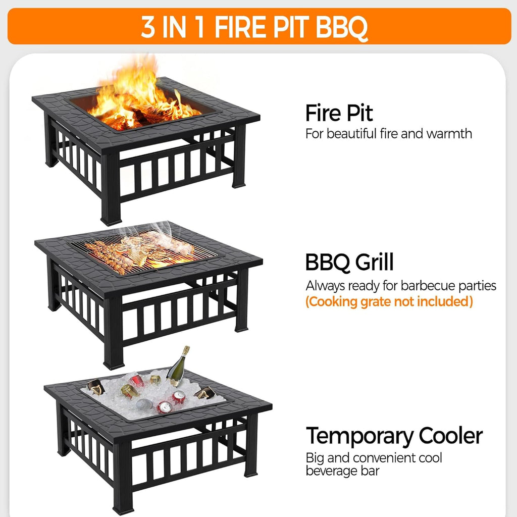 Multifunctional Fire Pit Table 32in Square Metal Firepit Stove Backyard Patio Garden Fireplace for Camping, Outdoor Heating, Bonfire and Picnic - Image 6