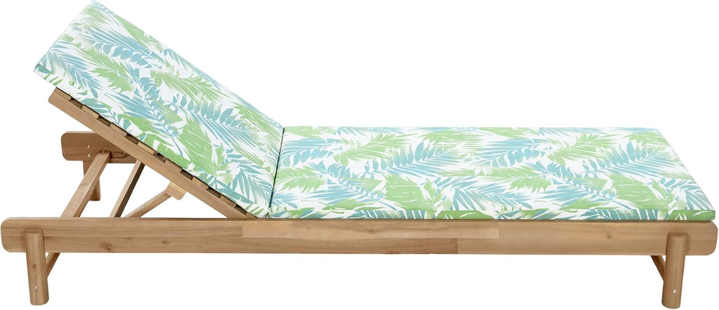 Outdoor Chaise Lounge with 2-Fold Cushion, Acacia Wood Recliner Chair Frame with Slatted Design, Patio Lounger