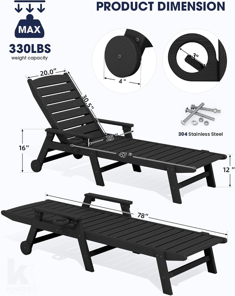 HDPE Lounge Chair Outdoor Set of 2, All Weather Pool Lounger | 5 Position Adjustable Backrest Patio Chaise Lounge