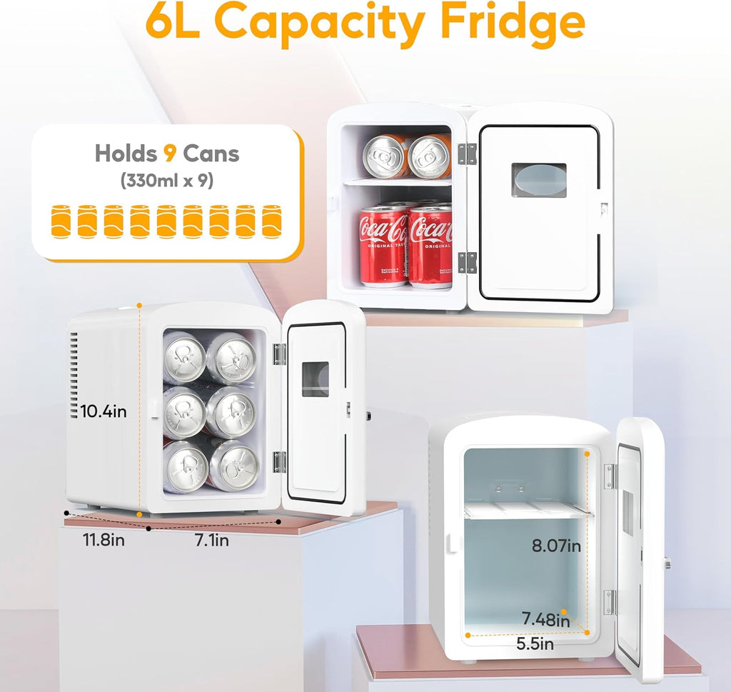Mini Fridge, 6L/9 Can Skincare Beverage Small Refrigerator for Bedroom, Office, Dorm, Car, 100% Freon-Free Cooler and