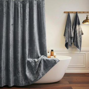Crushed Velvet Shower Curtain, Grey, 72" x 72" | Coordinating Nickle Grommets and Hooks, Machine Washable, Water