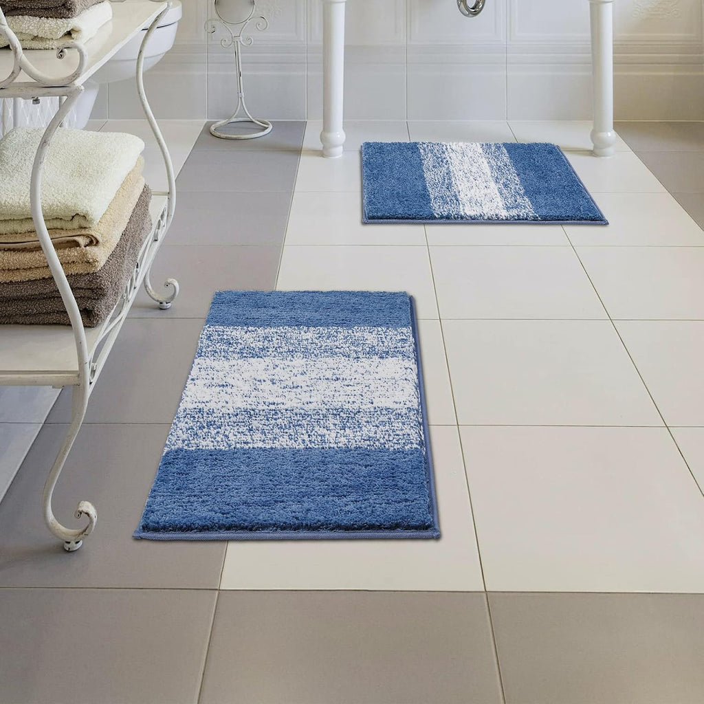 Luxury Soft Bathroom Rugs Set of 2, Blue Non Slip Bath Floor Mat | Microfiber Shaggy Plush Absorbent Striped Washable