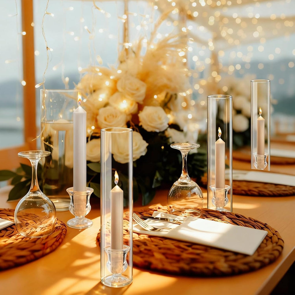 12 Sets Glass Hurricane Candle Holders - 12.6" Glass Candlestick Holders with Clear Tall Cylinder Candle Sleeves for
