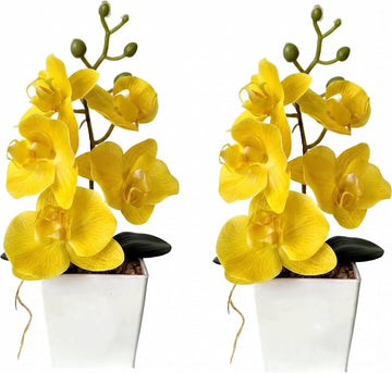 Artificial Orchid Flowers with Vase,10" Fake Butterfly Plant,Yellow - Set of 2
