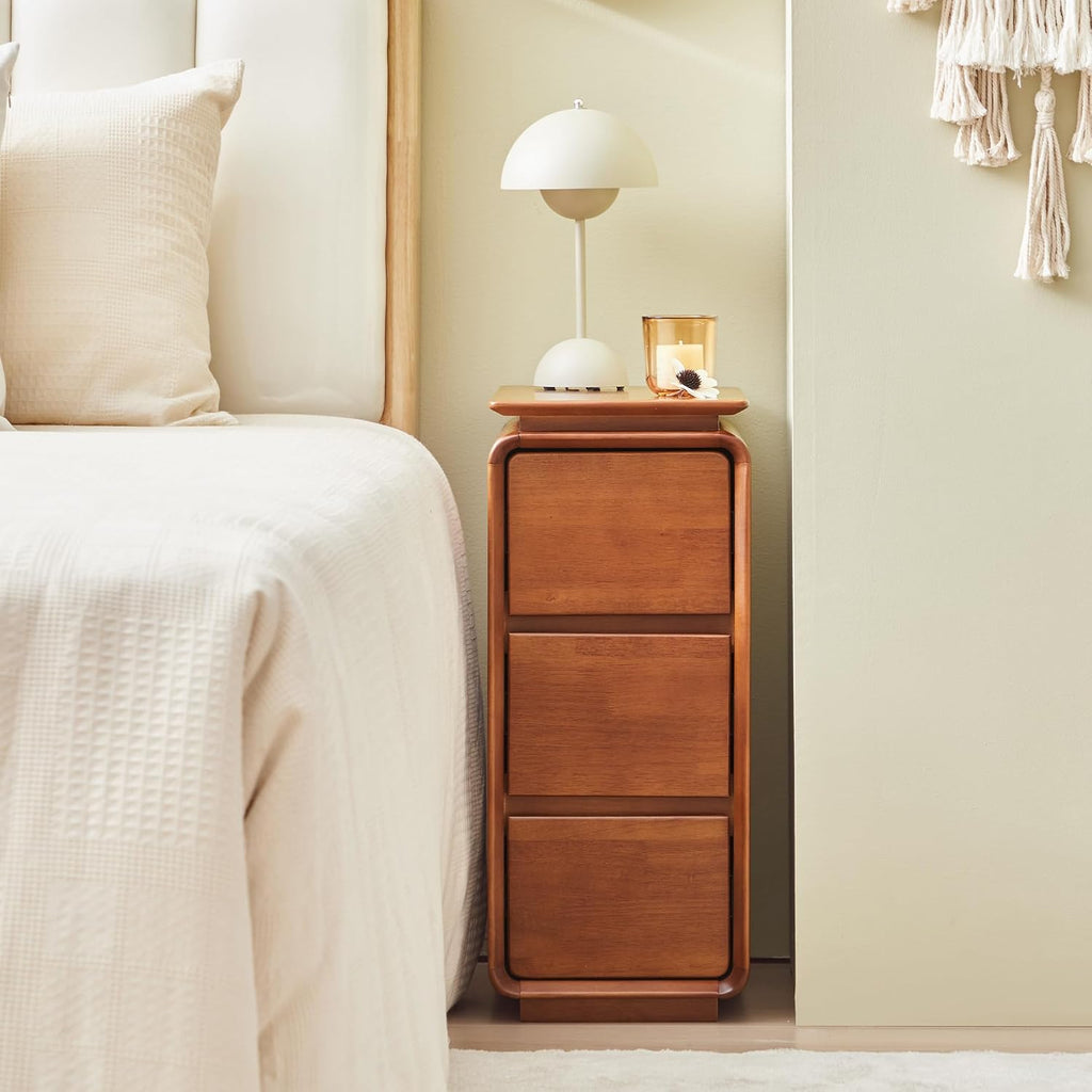 Solid Wood Nightstand, Fully Assembled Narrow Bedside Table with 3 Drawers & Hidden Handles, Mid-Century Modern End