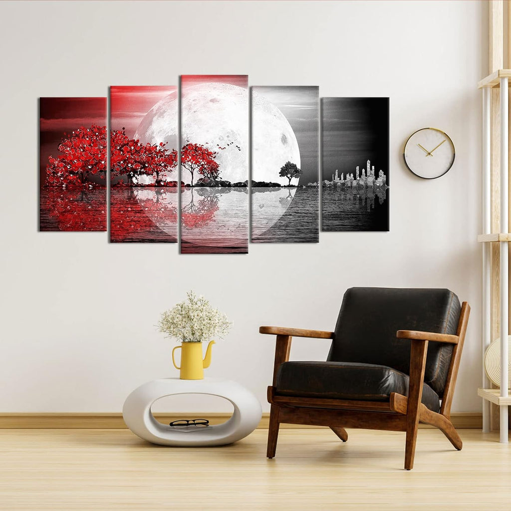 Large 5 Pieces Abstract Landscape Canvas Wall Art Black and White Full Moon Seascape Red Trees Painting Pritned on