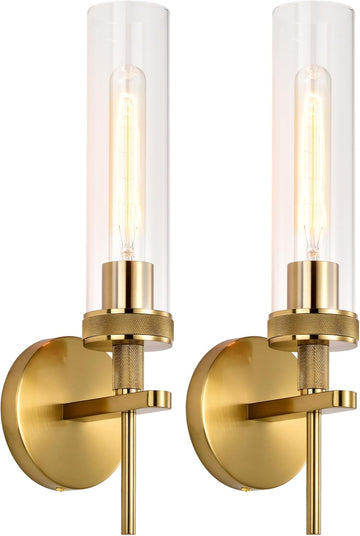 Gold Bathroom Light Fixtures Over Mirror, Hardwired Vanity Lights Set of 2 with Knurled Texture, Brushed Gold Wall