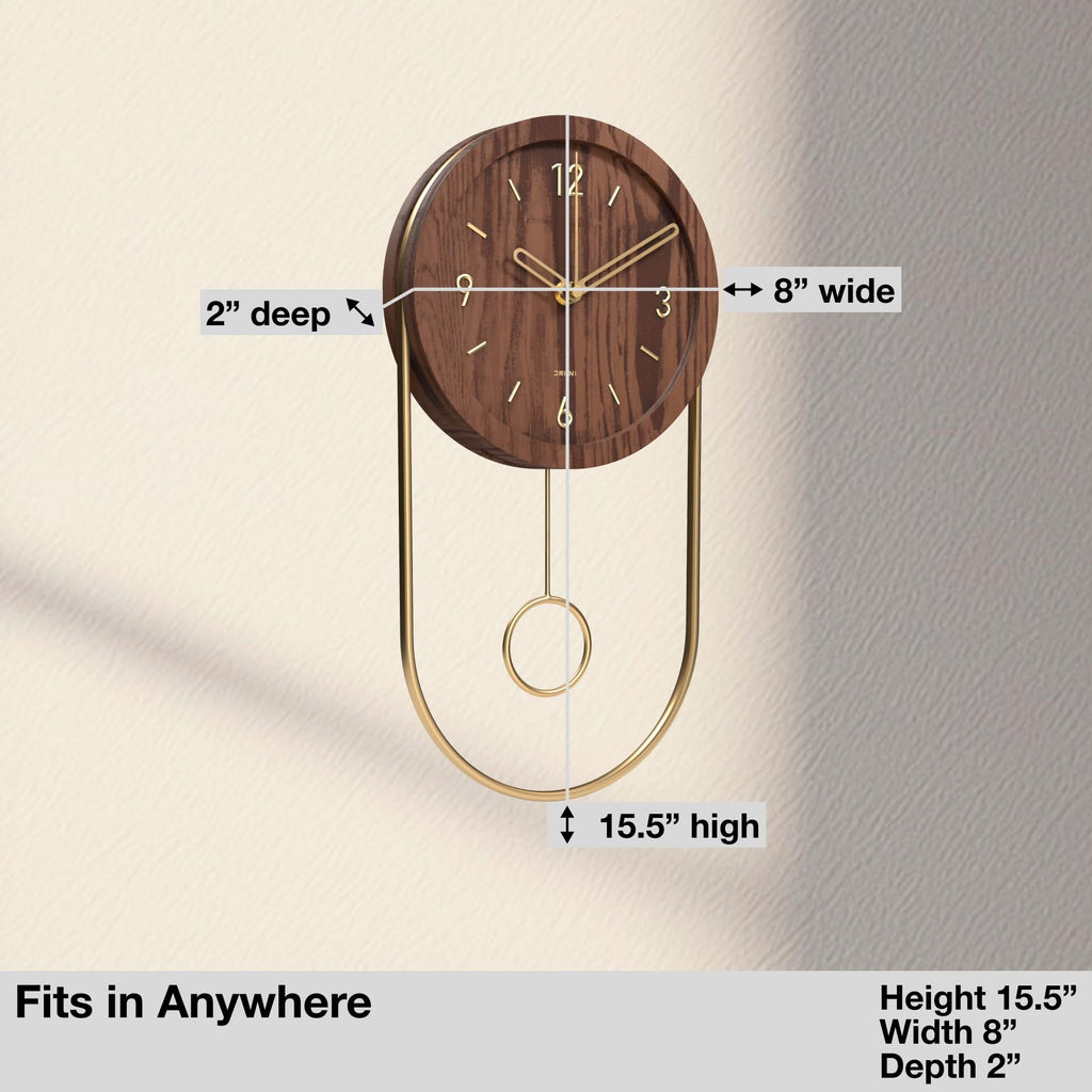 Small Unique Oval Wood Pendulum Wall Clock - Modern Walnut and Gold