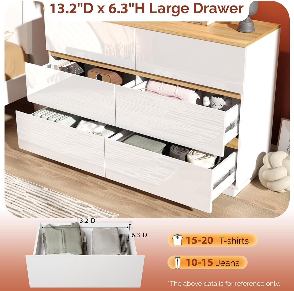 White Dresser High Gloss Chest of Drawers, 6 Drawer Dresser , Modern Dressers Wood, Brown Top, 47.2" W x 15.75" D x