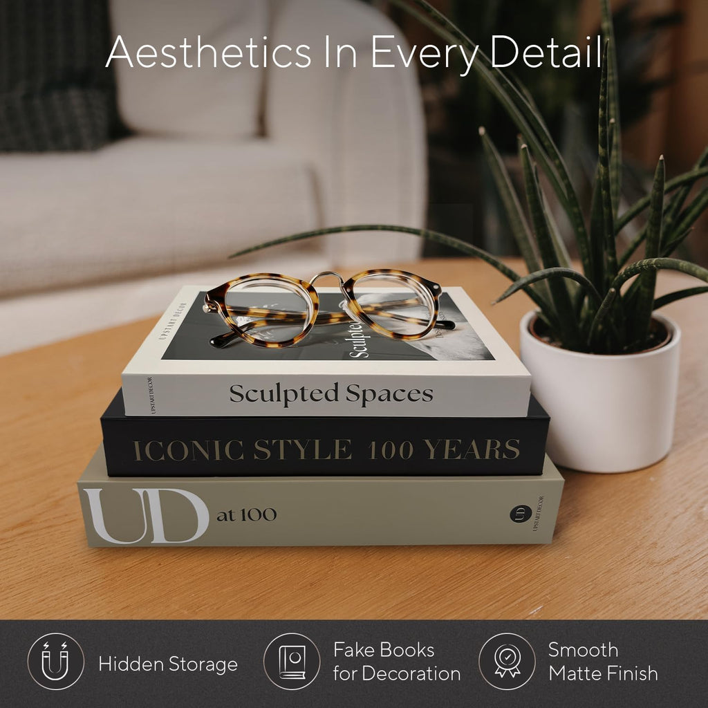 Designer Decorative Books Set of 3, Contemporary Faux Books with Storage | Large neutral hardcover book boxes with