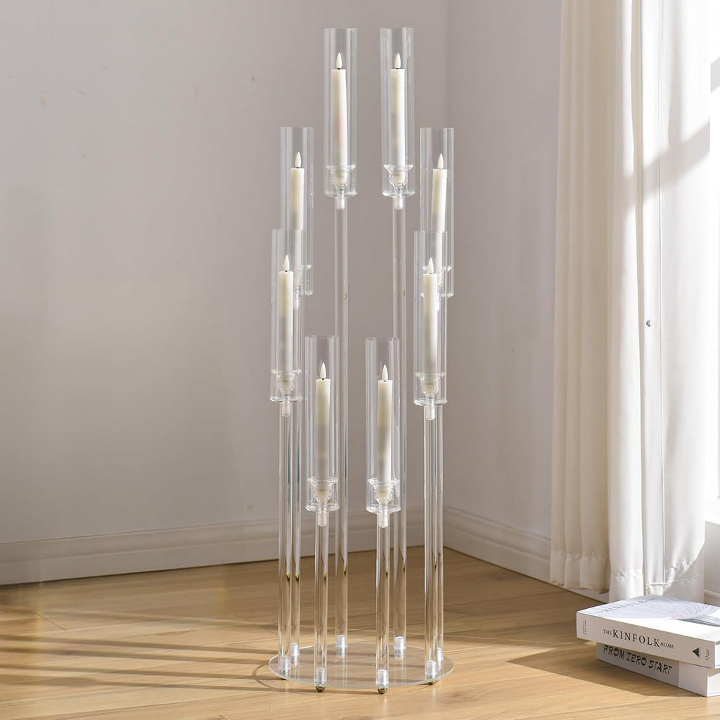 10PCS 8 Arm Acrylic Candelabra Candle Holder,Tall Clear Candlestick Holders with Shade for Tables Party Grand Event