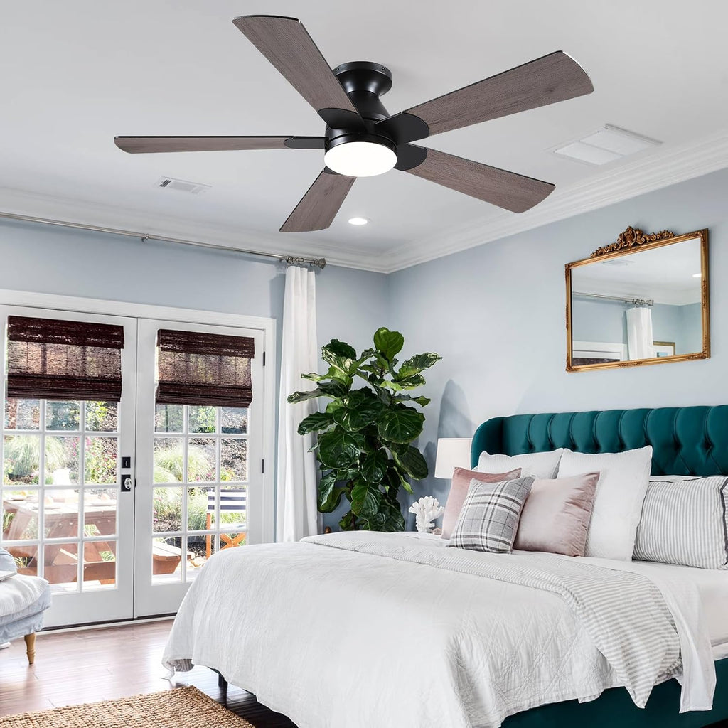 Flush Mount Ceiling Fan with Lights - 52” Indoor/Outdoor Ceiling Fan Light with Remote/APP, Low Profile Modern Fan Light with 6 Speeds, Dimming, for Living Room, Brown